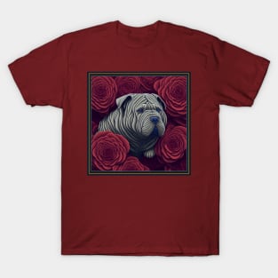 Dogs, sharpei dog and flowers, dog, style vector (Red version sharpei) T-Shirt